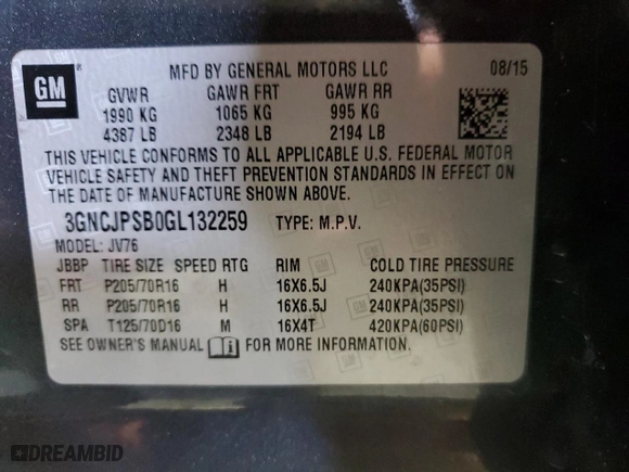 2016 Chevrolet Trax LT with VIN 3GNCJPSB0GL132259, listed as a Copart auction lot 52336245 with 89,935 mi miles and Clean Title. Bid and sale history available at carsss.com. Image 13.