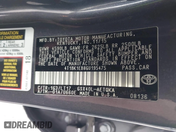 2016 Toyota Avalon Limited with VIN 4T1BK1EB8GU195475, listed as a IAAI auction lot 41321885 with 84,416 mi miles and . Bid and sale history available at DreamBid. Image 9.