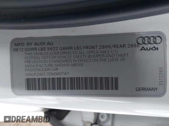2013 Audi S6 Prestige with VIN WAUF2AFC7DN040741, listed as a IAAI auction lot 41032195 with 107,431 mi miles. Bid and sale history available at carsss.com. Image 9.