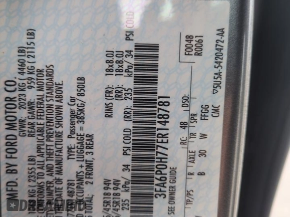 2014 Ford Fusion SE with VIN 3FA6P0H77ER148781, listed as a Copart auction lot 52709055 with 94,051 mi miles and Salvage Title. Bid and sale history available at carsss.com. Image 12.