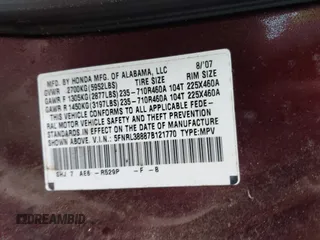 2007 Honda Odyssey Touring with VIN 5FNRL38887B121770, listed as a IAAI auction lot 42253433 with 237,597 mi miles and . Bid and sale history available at DreamBid. Image 9.