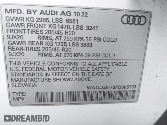 2023 Audi Q7 Premium Plus with VIN WA1LXBF73PD005733, listed as a IAAI auction lot 42229125 with 42,381 mi miles and . Bid and sale history available at DreamBid. Image 9.