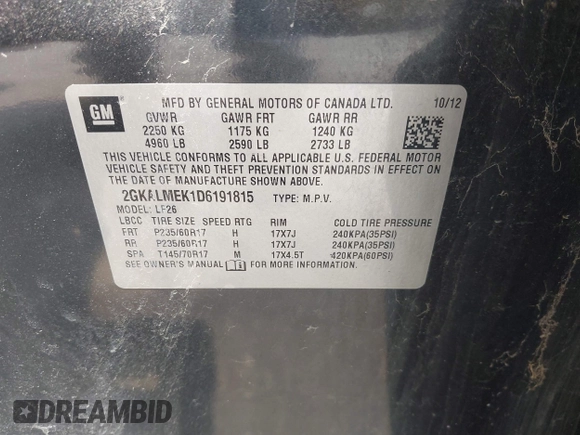 2013 GMC Terrain SLE with VIN 2GKALMEK1D6191815, listed as a IAAI auction lot 42486489 with 133,450 mi miles and . Bid and sale history available at DreamBid. Image 9.