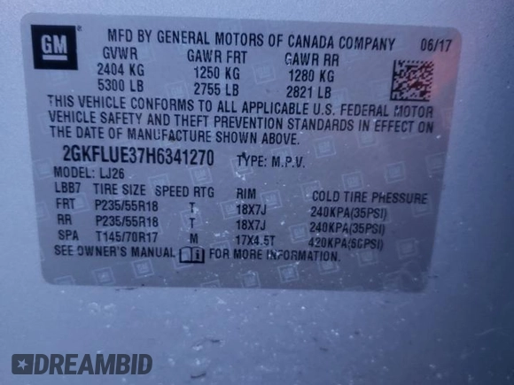 2017 GMC Terrain SLT with VIN 2GKFLUE37H6341270, listed as a Copart auction lot 42384325 with 75,488 mi miles and Salvage Title. Bid and sale history available at DreamBid. Image 12.