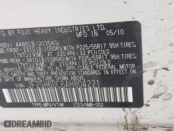 2010 Subaru Forester X Limited with VIN JF2SH6DC6AH804221, listed as a IAAI auction lot 42177023 with 171,272 mi miles and . Bid and sale history available at DreamBid. Image 9.