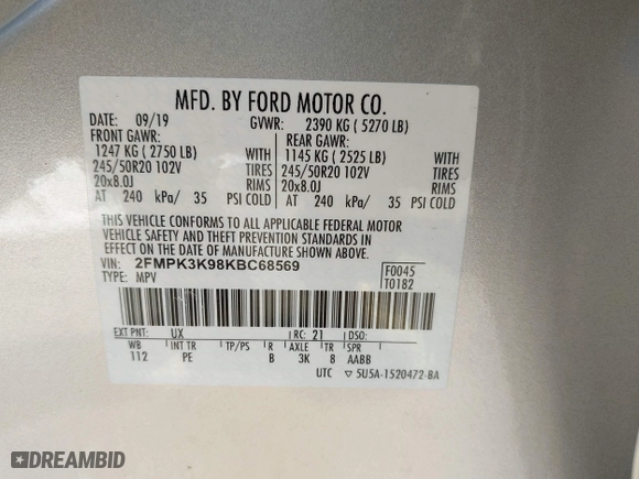 2019 Ford Edge Titanium with VIN 2FMPK3K98KBC68569, listed as a IAAI auction lot 41209347 with 75,519 mi miles. Bid and sale history available at carsss.com. Image 9.