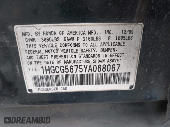 2000 Honda Accord SE с VIN 1HGCG5675YA068067, выставлен на аукционе IAAI как лот 41133127 с пробегом 284 335 миль миль и . История ставок и продаж доступна на DreamBid. Изображение 9.