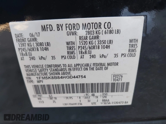 2017 Ford Explorer with VIN 1FM5K8B84HGD44754, listed as a IAAI auction lot 41673280 with 218,682 mi miles and . Bid and sale history available at DreamBid. Image 9.