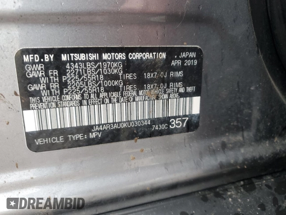 2019 Mitsubishi Outlander ES z VIN JA4AR3AU0KU030344, wystawiony jako Copart lot #56364925 z przebiegiem 20 360 mil mil oraz Szkoda całkowita • Salvage title. Historia ofert i sprzedaży dostępna na DreamBid. Obrazek 13.