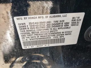 2019 Honda Pilot EX-L with VIN 5FNYF5H56KB042918, listed as a IAAI auction lot 42040516 with 113,433 mi miles and . Bid and sale history available at DreamBid. Image 9.
