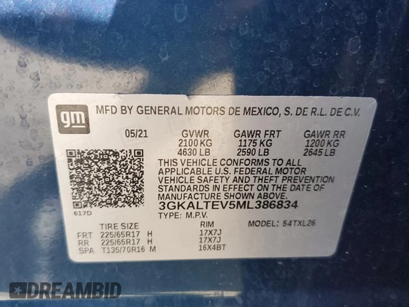2021 GMC Terrain SLE z VIN 3GKALTEV5ML386834, wystawiony jako Copart lot #62915845 z przebiegiem 81 497 mil mil oraz Szkoda całkowita • Salvage title. Historia ofert i sprzedaży dostępna na DreamBid. Obrazek 13.