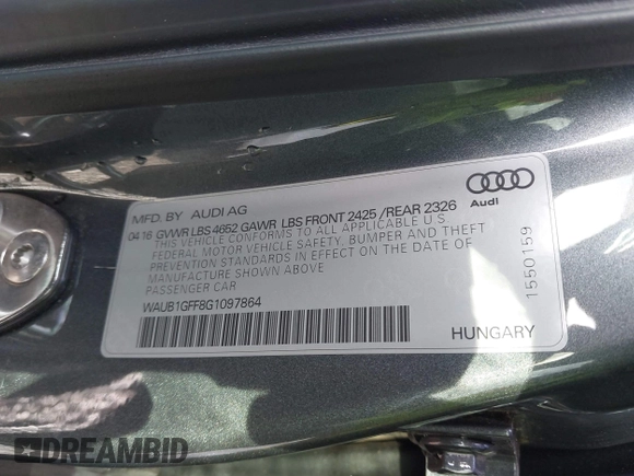 2016 Audi S3 Premium Plus with VIN WAUB1GFF8G1097864, listed as a IAAI auction lot 41507536 with 47,802 mi miles. Bid and sale history available at carsss.com. Image 9.