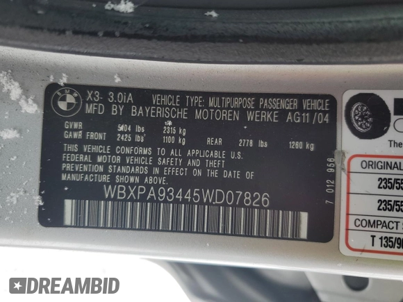 2005 BMW X3 3.0i with VIN WBXPA93445WD07826, listed as a Copart auction lot 88042075 with 0 mi miles and Salvage Title. Bid and sale history available at carsss.com. Image 13.