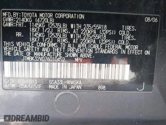 2007 Toyota RAV4 Sport with VIN JTMBK32V076010452, listed as a IAAI auction lot 41315696 with 236,416 mi miles. Bid and sale history available at carsss.com. Image 9.