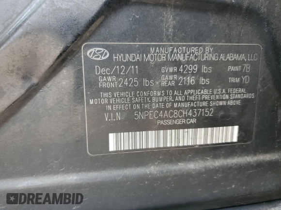 2012 Hyundai Sonata Limited with VIN 5NPEC4AC8CH437152, listed as a Copart auction lot 51001895 with 120,322 mi miles and Salvage Title. Bid and sale history available at carsss.com. Image 12.