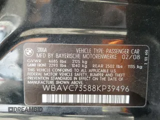 2008 BMW 3 Series 328xi with VIN WBAVC73588KP39496, listed as a Copart auction lot 62034915 with 128,368 mi miles and Salvage title. Bid and sale history available at DreamBid. Image 12.