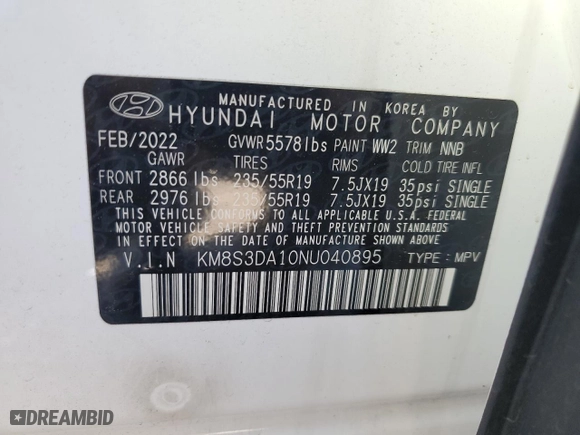 2022 Hyundai Santa Fe Hybrid SEL Premium with VIN KM8S3DA10NU040895, listed as a Copart auction lot 49401595 with 33,127 mi miles and Salvage Title. Bid and sale history available at carsss.com. Image 12.