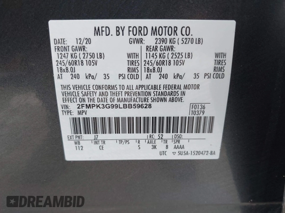 2020 Ford Edge SE z VIN 2FMPK3G99LBB59628, wystawiony jako IAAI lot #42403314 z przebiegiem 62 066 mil mil oraz . Historia ofert i sprzedaży dostępna na DreamBid. Obrazek 9.