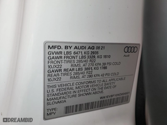 2022 Audi Q8 Premium Plus with VIN WA1EVBF10ND004501, listed as a Copart auction lot 85722194 with 37,592 mi miles and Salvage Title. Bid and sale history available at carsss.com. Image 15.