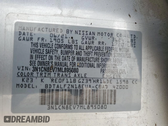 2021 Nissan Versa SV with VIN 3N1CN8EV7ML895080, listed as a Copart auction lot 48159825 with 41,193 mi miles and Salvage Title. Bid and sale history available at carsss.com. Image 12.