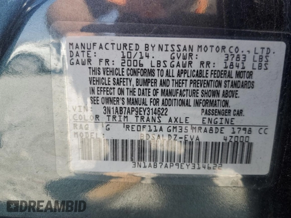 2014 Nissan Sentra SV with VIN 3N1AB7AP9EY314622, listed as a Copart auction lot 52010575 with 80,582 mi miles and Salvage Title. Bid and sale history available at DreamBid. Image 14.