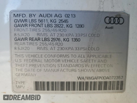2013 Audi Q5 Prestige с VIN WA1WGAFP0DA072357, выставлен на аукционе Copart как лот 86908594 с пробегом 134 564 миль миль и Списание • Salvage title. История ставок и продаж доступна на DreamBid. Изображение 13.