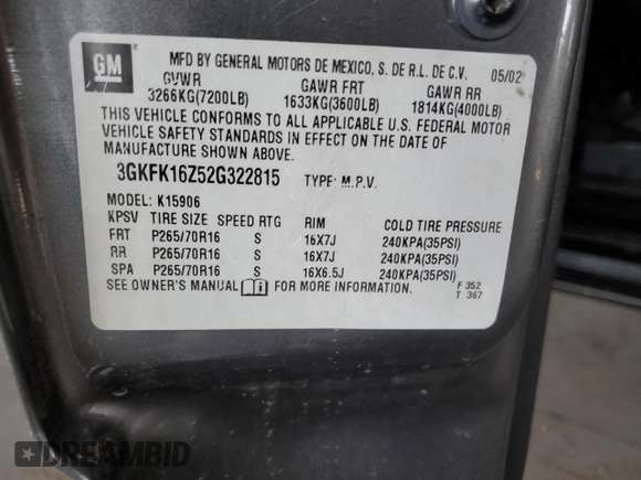2002 GMC Yukon XL SLT z VIN 3GKFK16Z52G322815, wystawiony jako Copart lot #50641765 z przebiegiem Nie podano mil oraz Szkody całkowita. Historia ofert i sprzedaży dostępna na DreamBid. Obrazek 12.