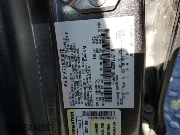 2019 Ford Fusion SE with VIN 3FA6P0HDXKR202110, listed as a Copart auction lot 47558325 with 118,788 mi miles and Salvage Title. Bid and sale history available at carsss.com. Image 12.