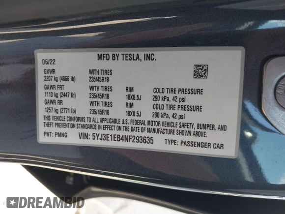 2022 Tesla Model 3 Long Range with VIN 5YJ3E1EB4NF293635, listed as a IAAI auction lot 41388234 with 28,396 mi miles and . Bid and sale history available at DreamBid. Image 9.