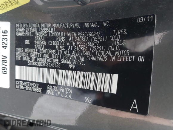 2012 Toyota Sienna LE AAS with VIN 5TDKK3DC9CS176135, listed as a IAAI auction lot 42518638 with 171,716 mi miles and . Bid and sale history available at DreamBid. Image 9.