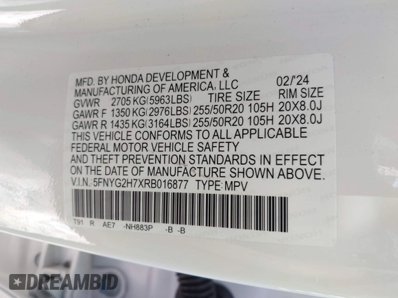 2024 Honda Pilot Touring with VIN 5FNYG2H7XRB016877, listed as a IAAI auction lot 41496013 with 18,213 mi miles and . Bid and sale history available at DreamBid. Image 9.