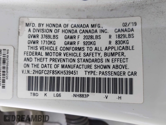 2019 Honda Civic Sedan Sport with VIN 2HGFC2F85KH539451, listed as a IAAI auction lot 42047385 with 312,478 mi miles. Bid and sale history available at carsss.com. Image 9.