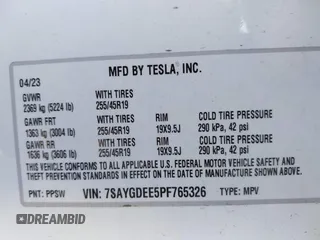 2023 Tesla Model Y Long Range z VIN 7SAYGDEE5PF765326, wystawiony jako IAAI lot #41757113 z przebiegiem 10 461 mil mil oraz . Historia ofert i sprzedaży dostępna na DreamBid. Obrazek 9.