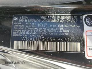2005 BMW 6 Series 645Ci with VIN WBAEH73455B193907, listed as a Copart auction lot 77631234 with 0 mi miles and Salvage Title. Bid and sale history available at carsss.com. Image 13.