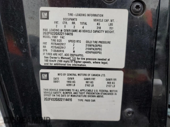 2002 Pontiac Firebird Formula z VIN 2G2FV22G822114416, wystawiony jako Copart lot #80131354 z przebiegiem 130 097 mil mil oraz Szkoda całkowita • Salvage title. Historia ofert i sprzedaży dostępna na DreamBid. Obrazek 12.