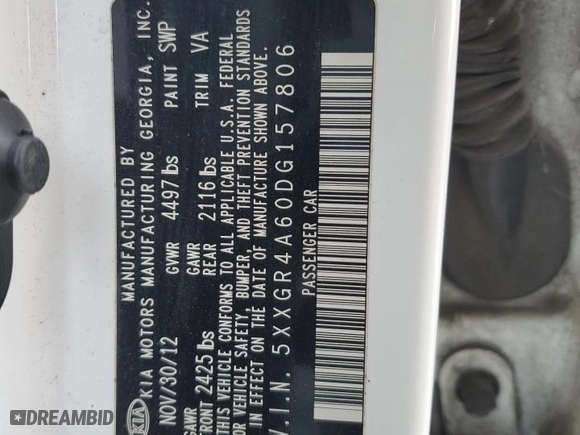 2013 Kia Optima SX w/Limited Pkg with VIN 5XXGR4A60DG157806, listed as a Copart auction lot 45724315 with 144,299 mi miles and Salvage Title. Bid and sale history available at carsss.com. Image 12.