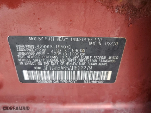 2010 Subaru Impreza Wagon i with VIN JF1GH6A65AH822279, listed as a Copart auction lot 45348575 with 54,811 mi miles and Salvage Title. Bid and sale history available at carsss.com. Image 12.
