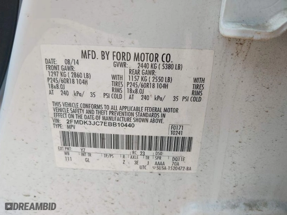 2014 Ford Edge SEL with VIN 2FMDK3JC7EBB10440, listed as a IAAI auction lot 40079788 with 166,928 mi miles. Bid and sale history available at carsss.com. Image 9.