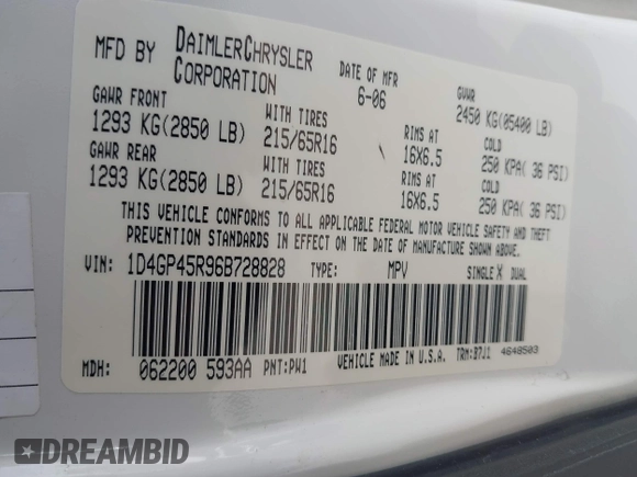 2006 Dodge Caravan SXT with VIN 1D4GP45R96B728828, listed as a IAAI auction lot 42088736 with 138,028 mi miles and . Bid and sale history available at DreamBid. Image 9.