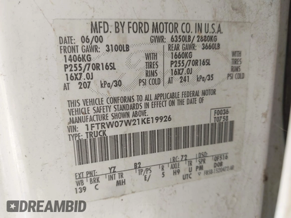2001 Ford F-150 XLT with VIN 1FTRW07W21KE19926, listed as a IAAI auction lot 42750523 with Not provided miles and . Bid and sale history available at DreamBid. Image 9.