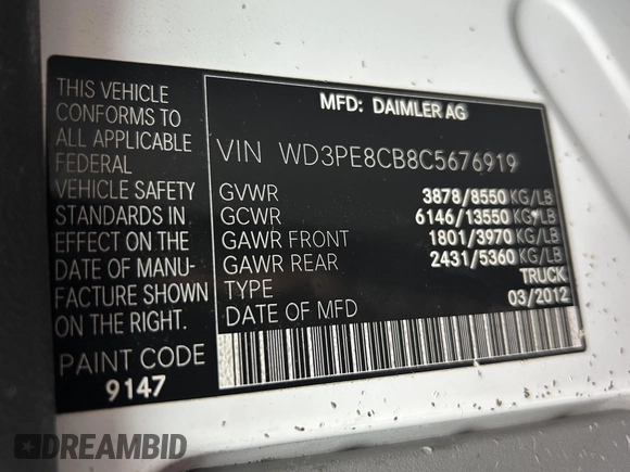 2012 Mercedes-Benz Sprinter Cargo Cargo with VIN WD3PE8CB8C5676919, listed as a IAAI auction lot 42101187 with 347,746 mi miles and . Bid and sale history available at carsss.com. Image 14.
