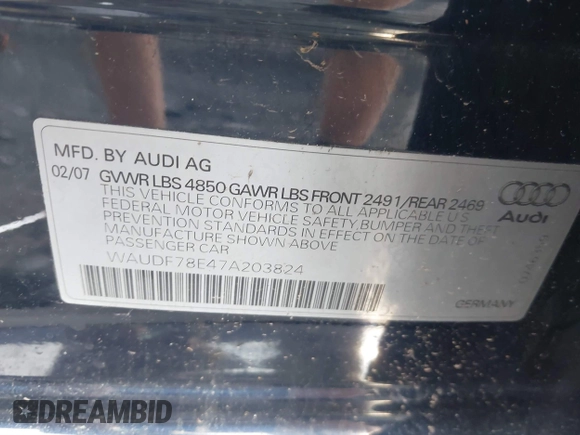 2007 Audi A4 2.0T with VIN WAUDF78E47A203824, listed as a IAAI auction lot 42367667 with 211,061 mi miles and . Bid and sale history available at DreamBid. Image 9.