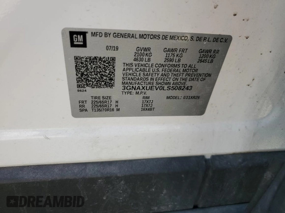 2020 Chevrolet Equinox LT with VIN 3GNAXUEV0LS508243, listed as a Copart auction lot 47255835 with 103,202 mi miles and Salvage Title. Bid and sale history available at DreamBid. Image 13.
