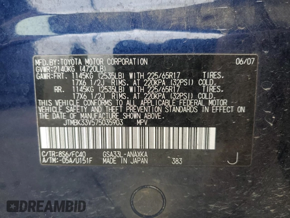 2007 Toyota RAV4 with VIN JTMBK33V575035903, listed as a Copart auction lot 44397685 with 105,772 mi miles and Salvage Title. Bid and sale history available at carsss.com. Image 13.