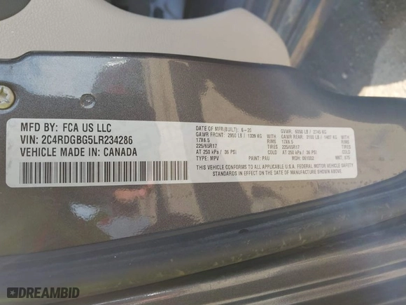 2020 Dodge Grand Caravan SE Plus with VIN 2C4RDGBG5LR234286, listed as a IAAI auction lot 41805712 with 65,609 mi miles. Bid and sale history available at carsss.com. Image 9.
