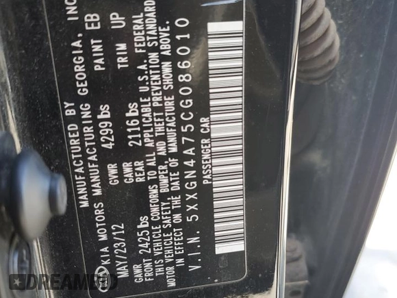 2012 Kia Optima EX with VIN 5XXGN4A75CG086010, listed as a Copart auction lot 51249335 with 193,013 mi miles and Salvage Title. Bid and sale history available at carsss.com. Image 12.