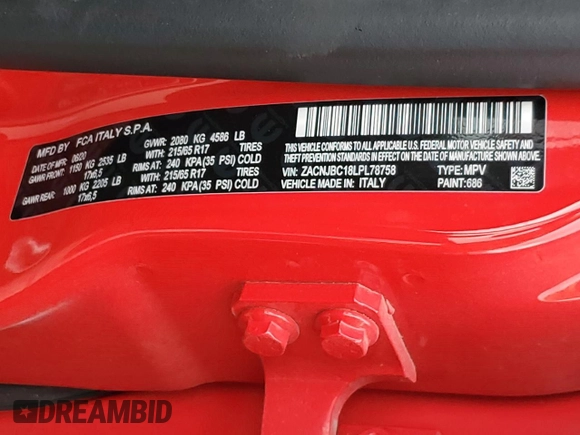 2020 Jeep Renegade Trailhawk with VIN ZACNJBC18LPL78758, listed as a Copart auction lot 56704665 with Not provided miles and Salvage title. Bid and sale history available at DreamBid. Image 13.
