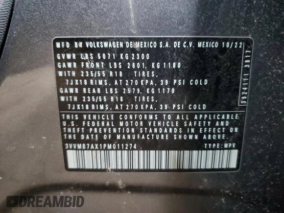2023 Volkswagen Tiguan SE with VIN 3VVMB7AX1PM011274, listed as a Copart auction lot 48601205 with 17,831 mi miles and Non repairable. Bid and sale history available at DreamBid. Image 14.