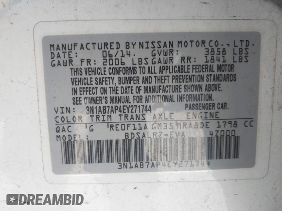 2014 Nissan Sentra SR z VIN 3N1AB7AP4EY271744, wystawiony jako IAAI lot #42203630 z przebiegiem 69 567 mil mil oraz . Historia ofert i sprzedaży dostępna na DreamBid. Obrazek 9.