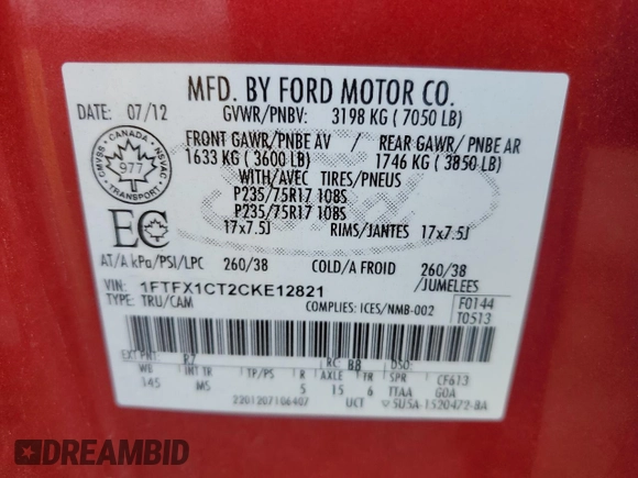 2012 Ford F-150 XL with VIN 1FTFX1CT2CKE12821, listed as a Copart auction lot 77806674 with Not Provided miles and Clean Title. Bid and sale history available at carsss.com. Image 12.